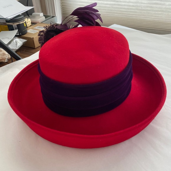 Riviera Vintage Wool Red & Purple Velvet Brooch Derby Party Hat - Picture 7 of 11